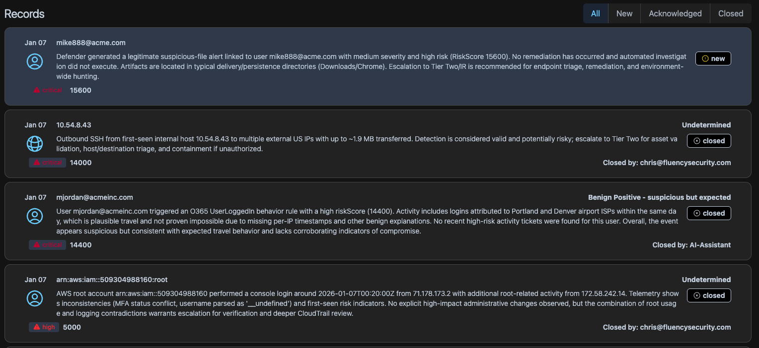 AI XDR case list view